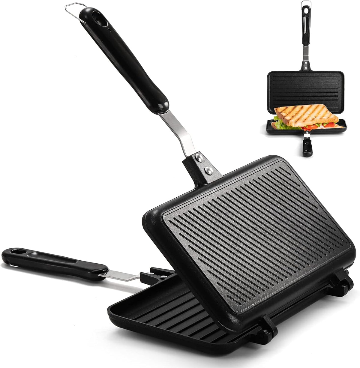 SOUJOY Sandwich Maker, Non-Stick Grill Panini Maker Pan with Handle, 24?34 cm Stovetop Toasted Aluminum Flip Pan Indoor Outdoor Camping Home Kitchen