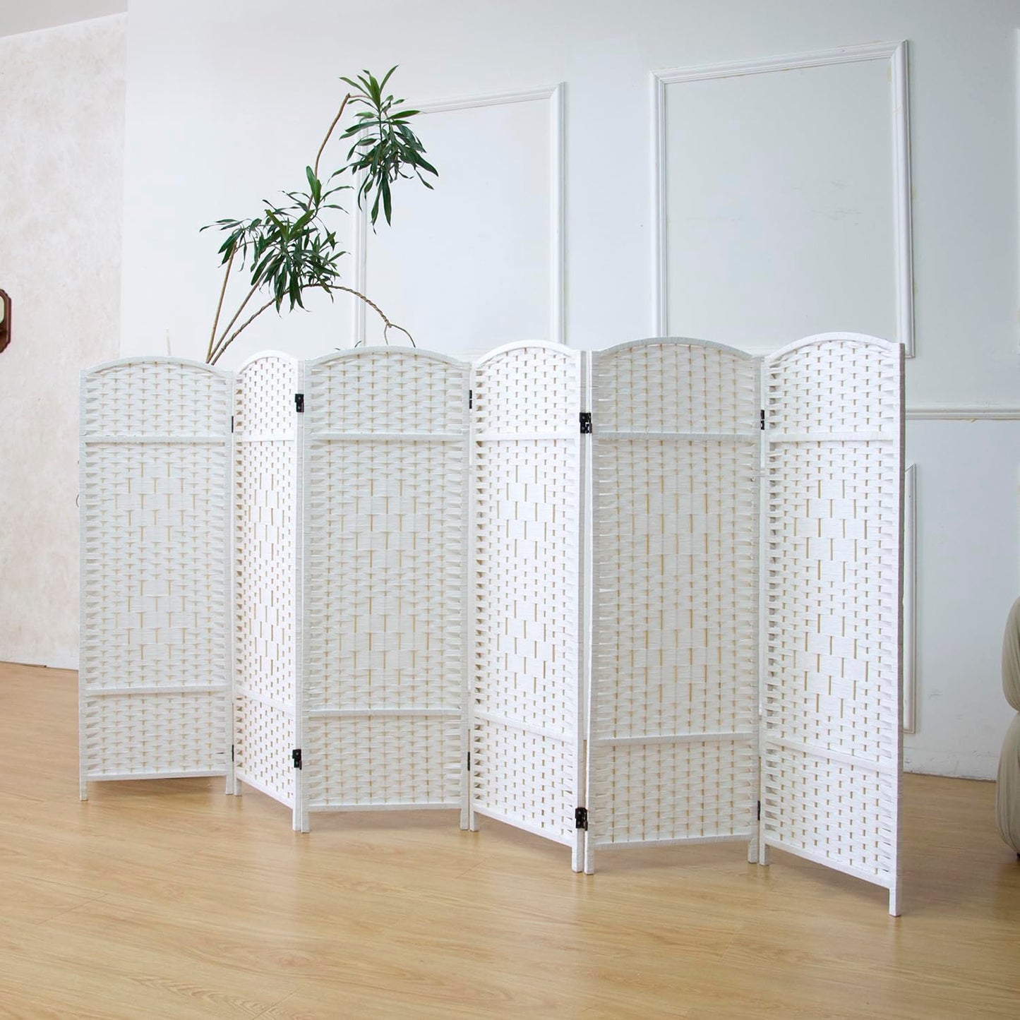 Furnnylane 6 Panel White Rattan Divider Short Room Partition Screen,Double Sided Short Folding Divider for Room Separation,120 cm Tall