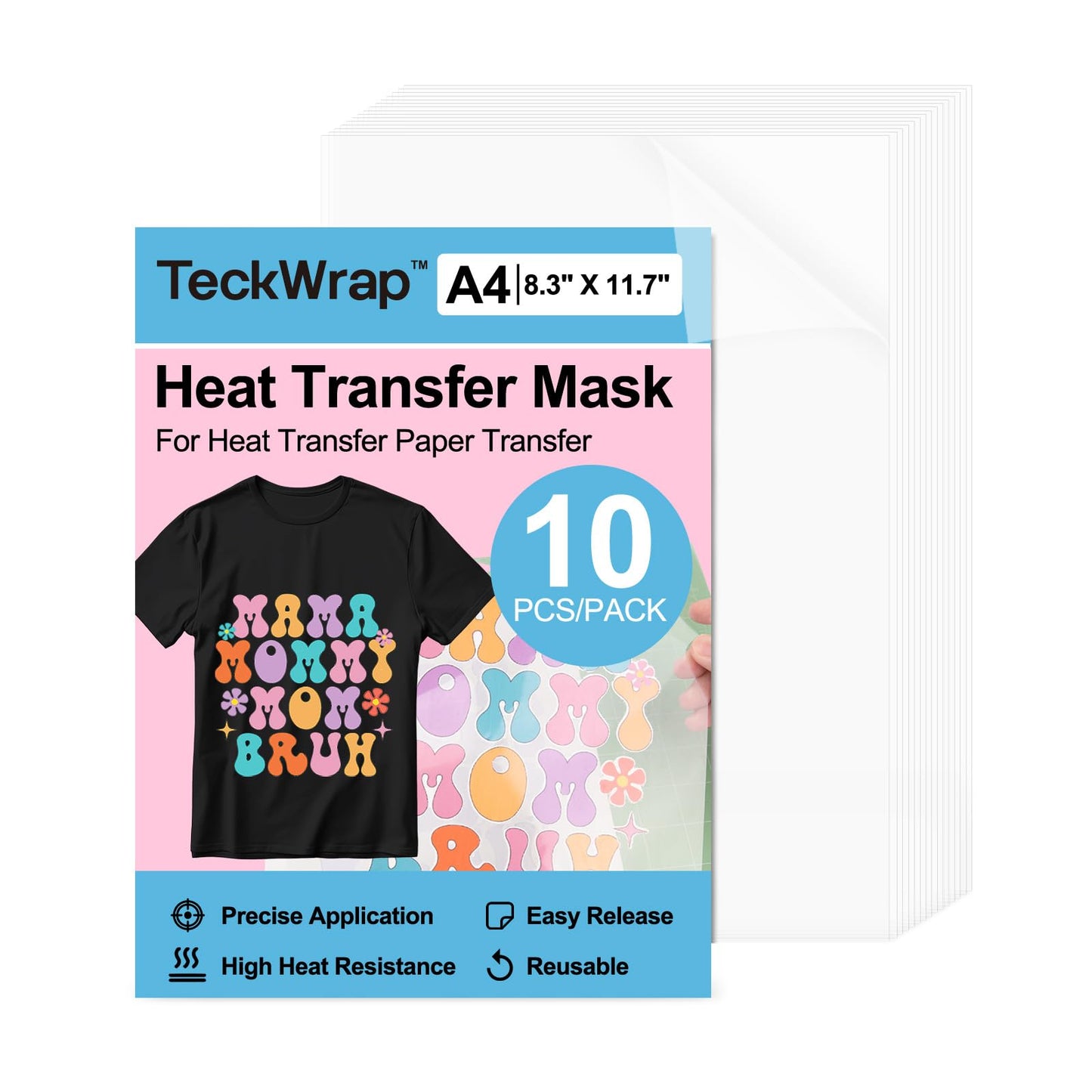 TECKWRAP Heat Transfer Mask for Heat Transfer Paper for T-Shirts 10PCS, A4 (210X297mm) Masking Film Clear Iron on Transfer Tape for HTV Printable Heat