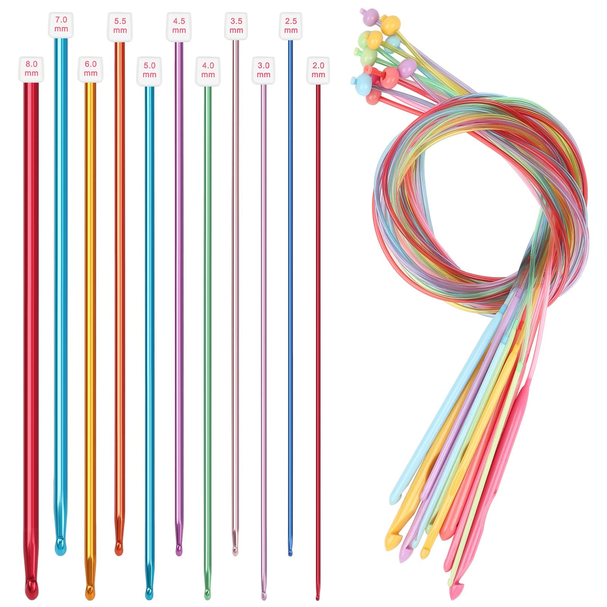 Reessy Tunisian Crochet Hooks Set, 11PCS Aluminium Tunisian Crochet Hook 2.0-8.0mm and 12 PCS Plastic Tunisian Crochet Hooks with Colorful Cable