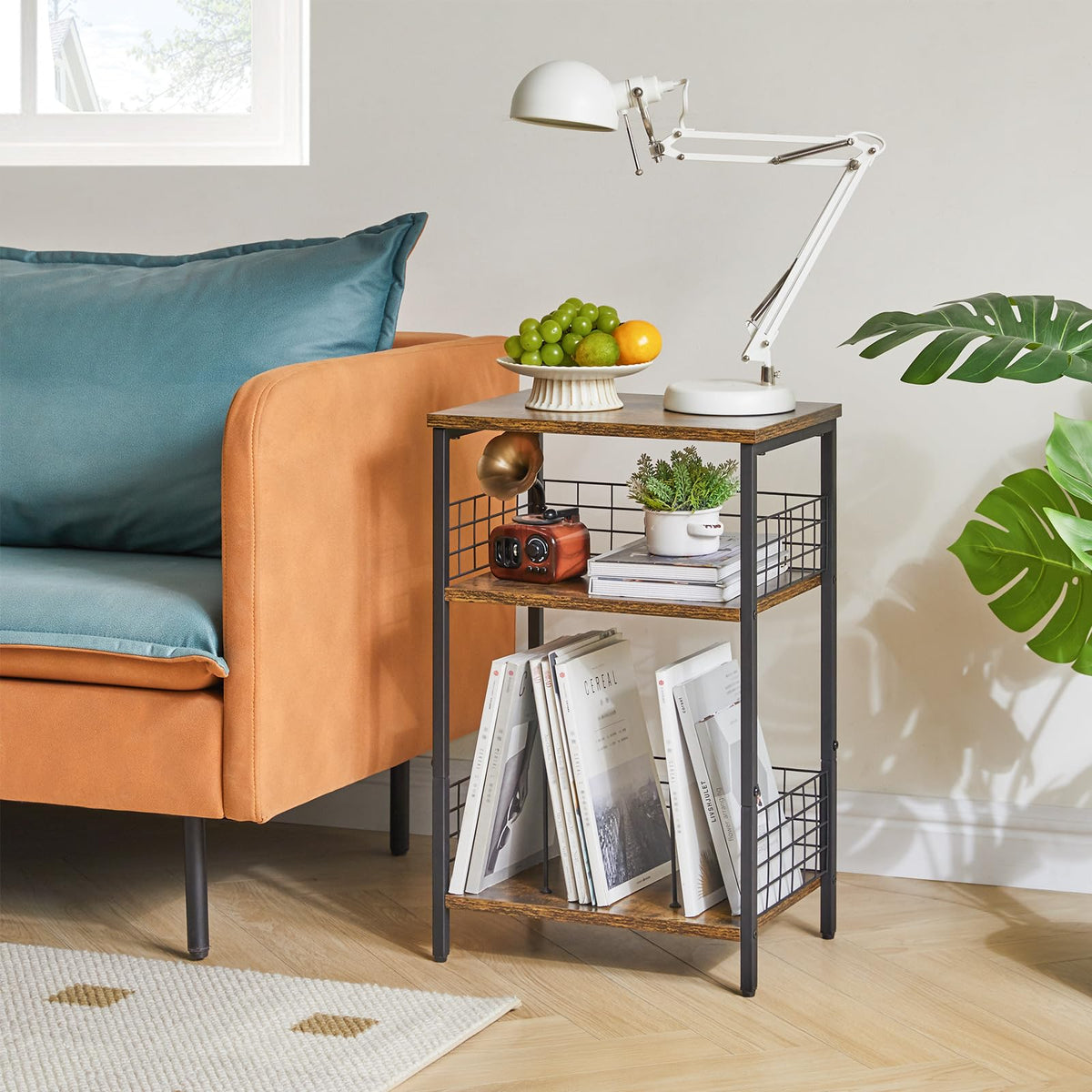 YMYNY 3 Tier End Table, Record Player Stand with Storage, Industrial Tall Side Table, Small Bookshelf, Bookcase, Display Rack, Telephone Table for