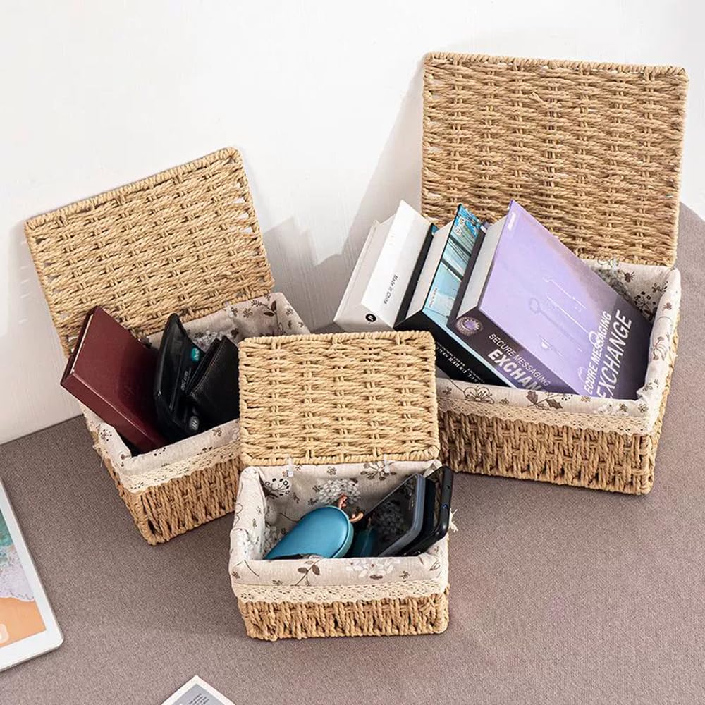 KiKiHong 3 Piece Storage Baskets with Lids,3 Sizes Woven Basket With Lid