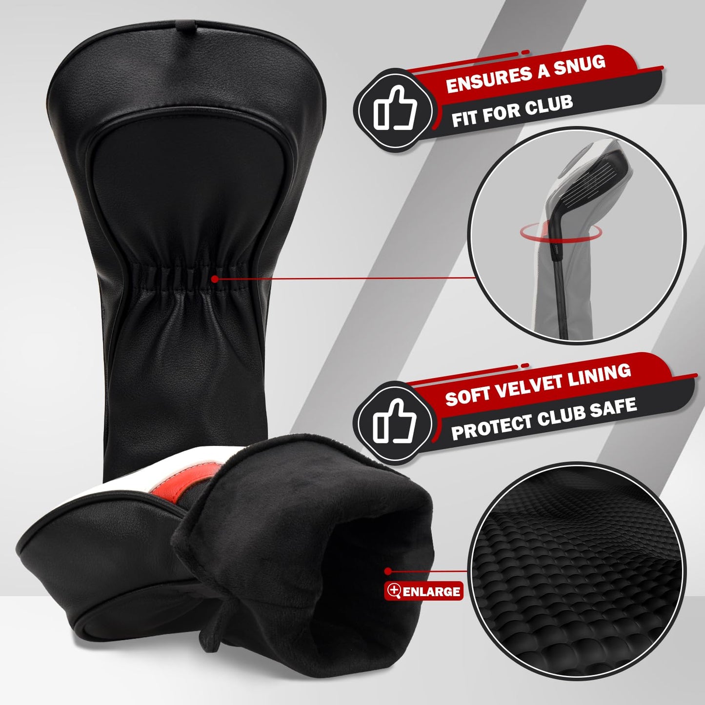 Golf Club Head covers Wood Set 3 PACKS 1FH DR FW UT for Driver Fairway Hybrid with No.Tag Elastic Closure White&Black&Red PU Leather