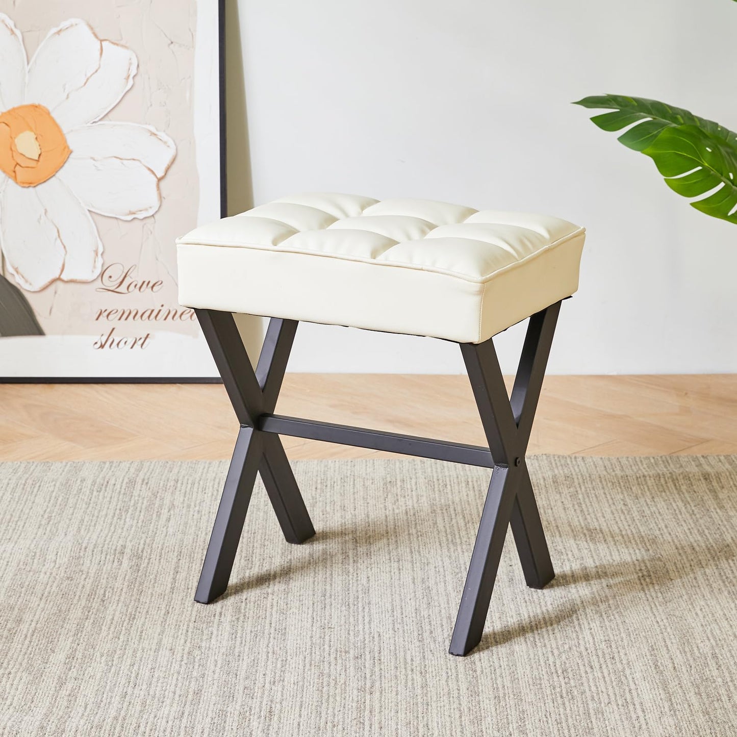 IBUYKE Square Makeup Stool with X-Leg, PU Vanity Chair, White L/G-71W