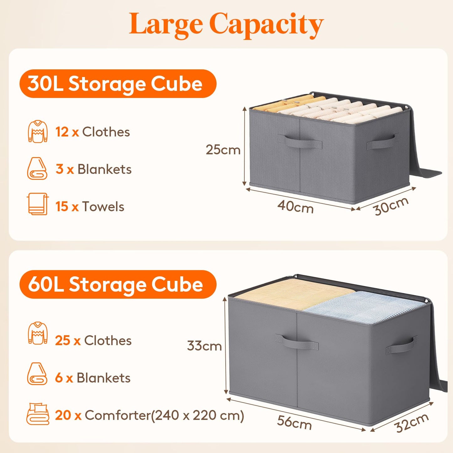Lifewit Wardrobe Storage Box with lid, 30L, 40x30x25 cm, Grey, 6 Pack