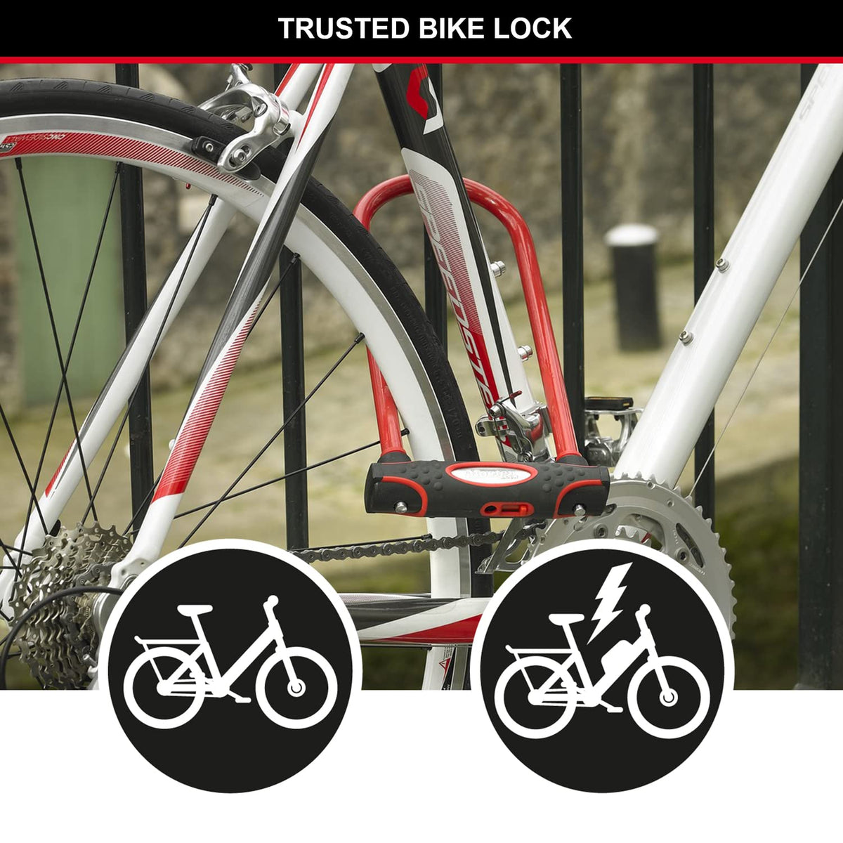 Master Lock Heavy Duty Bike D Lock, Key, Universal Mounting Bracket, Certified Bike Lock, Long Shackle, Red 8195EURDPROLWR - Use with Electric,