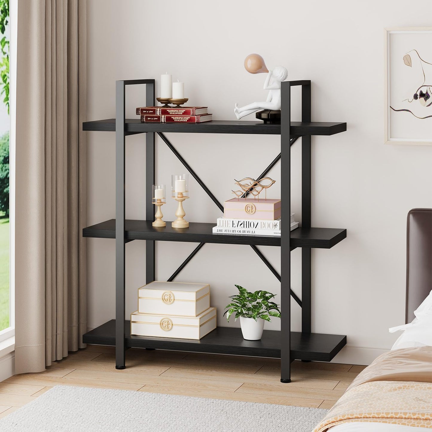 HSH 3 Tier BookShelf Farmhouse Storage Bookcases Modern Shelf Black Oak