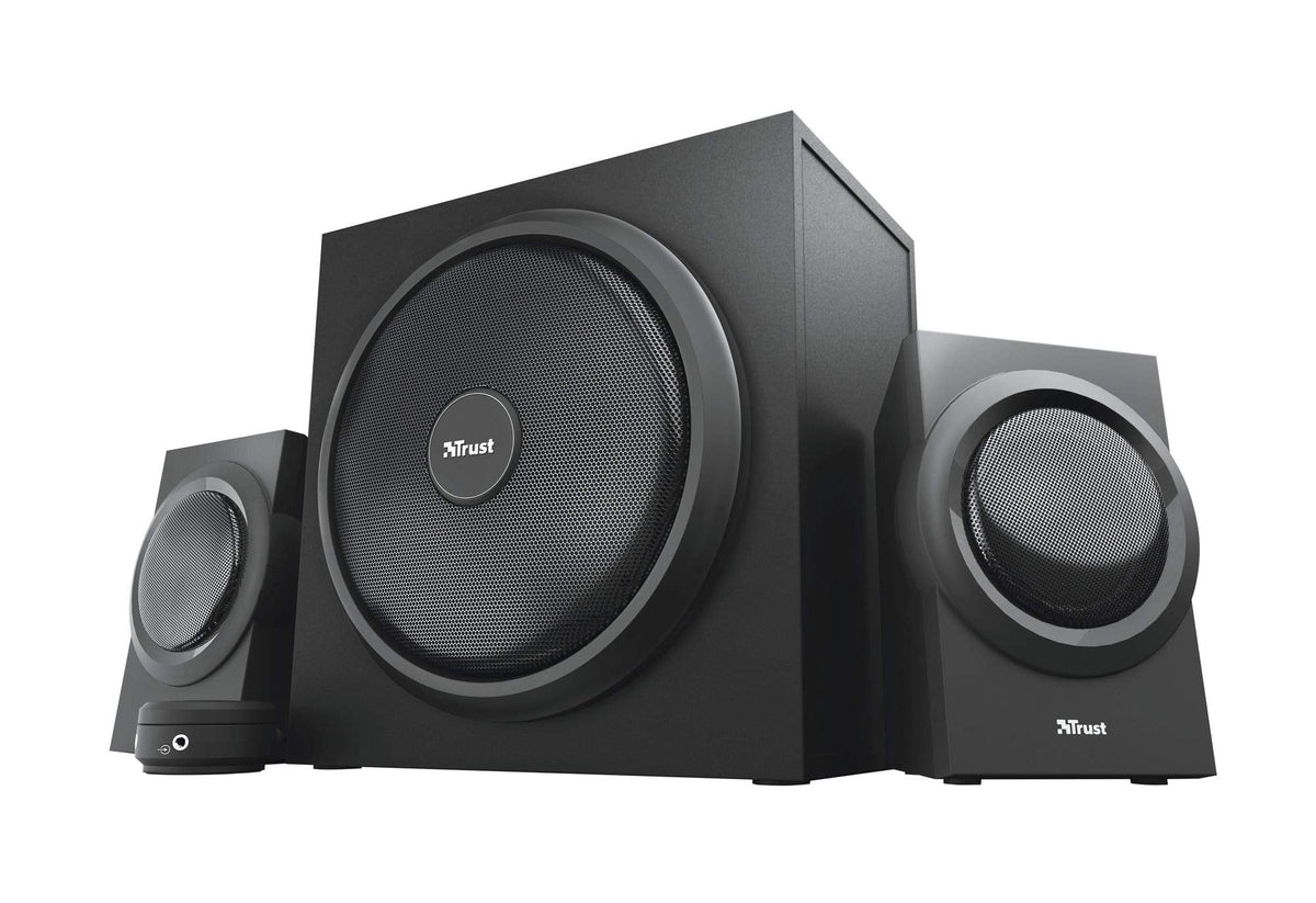Trust Yuri 2.1 Speaker Set with Wooden Subwoofer, 120W (60W RMS), UK Plug, PC Speakers with Dynamic Bass, Wired Volume Control, Sound System for