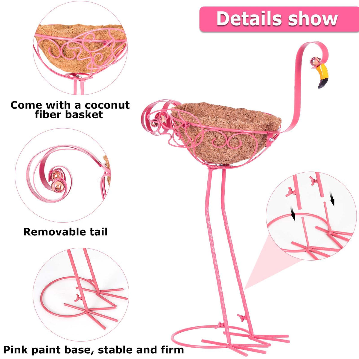 Kikth Set of 2 Flamingo Garden Bird Planters, Outdoor Flamingo Yard Decoration with Basket, Pink Flamingo Patio Metal Planter for Garden, Yard, Lawn,
