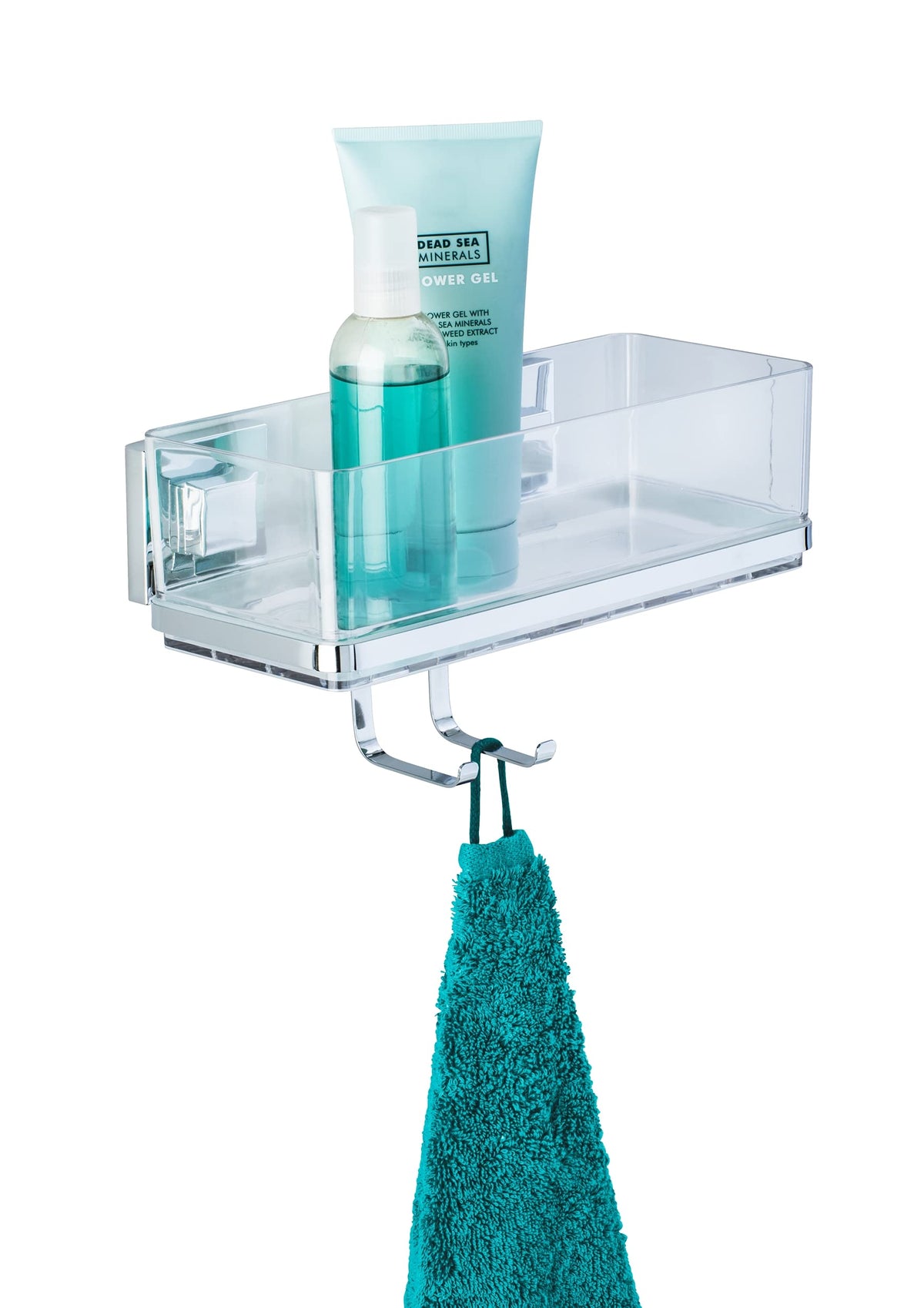 WENKO 22694100 Vacuum-Loc? wall shelf with hooks Quadro, Stainless steel, 25.5 x 15 x 14 cm, Shiny
