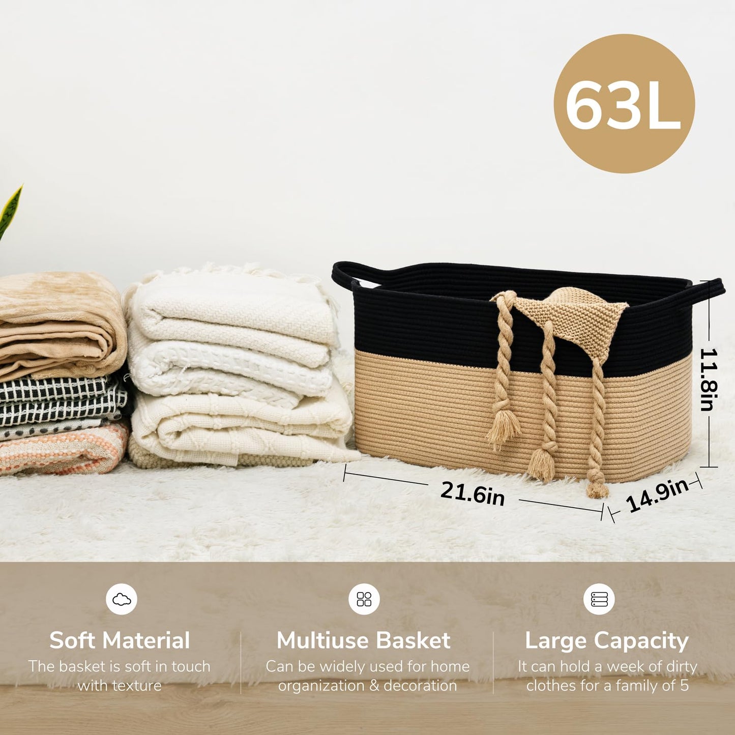 Storage Basket, Large Toy Basket for Baby, Kids, Cotton Rope Basket for Dirty Clothes, Blankets, Toy Storage, Rectangle Woven Basket in Living Room,