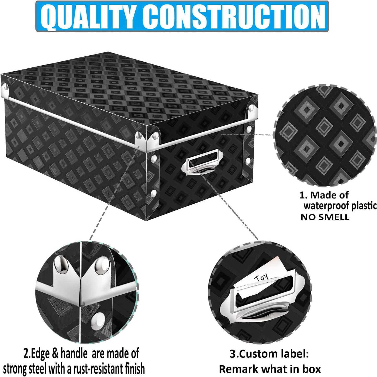XUCHUN Storage Box with Lids (Black), Set of 3 Waterproof Foldable Plastic Box Multiple Sizes for Socks/Office
