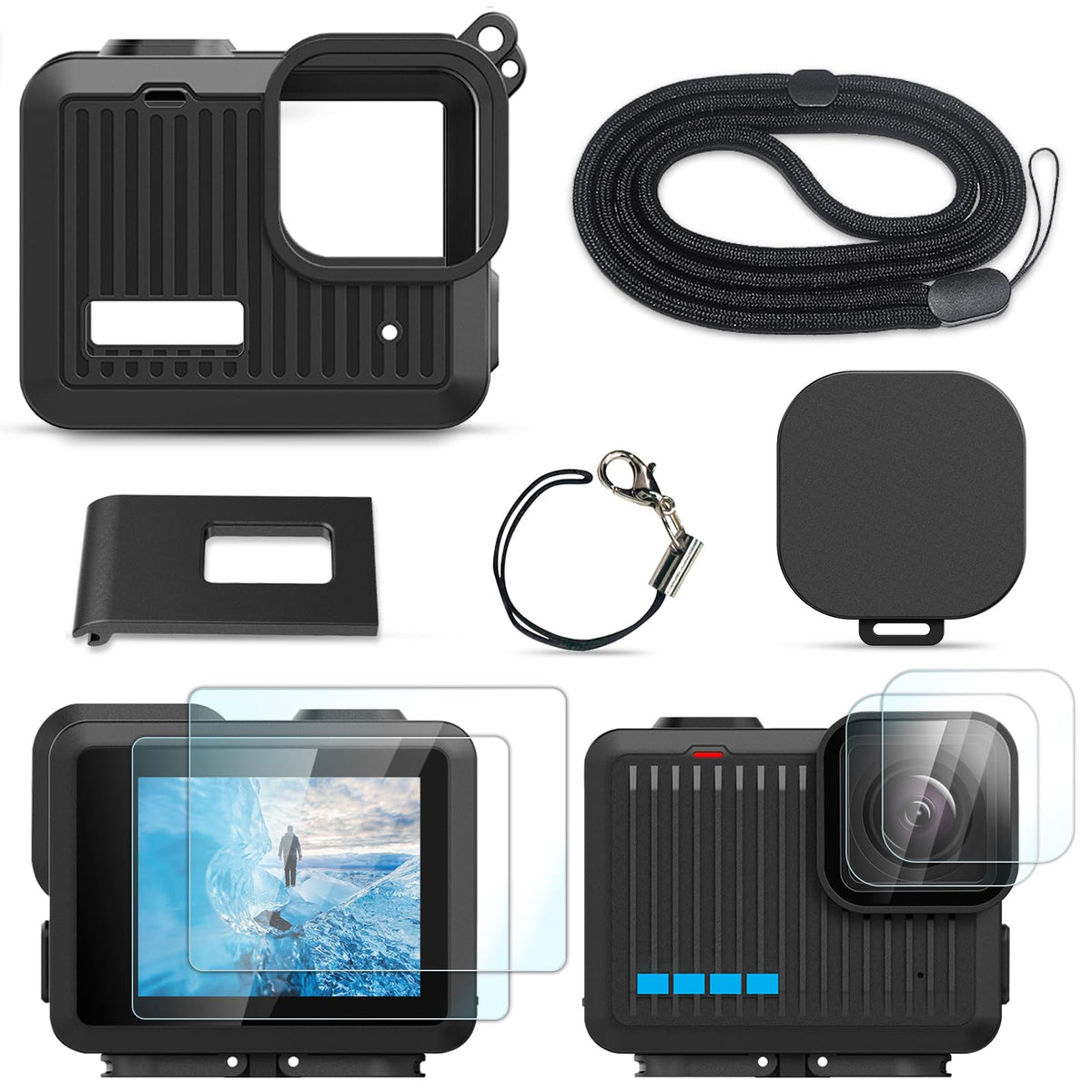 FiTSTILL Silicone Sleeve Rubber Case for Go Pro Hero,Protective Housing Case Replace Battery Side Cover&Screen Protectors& Lens Caps&Lanyard for