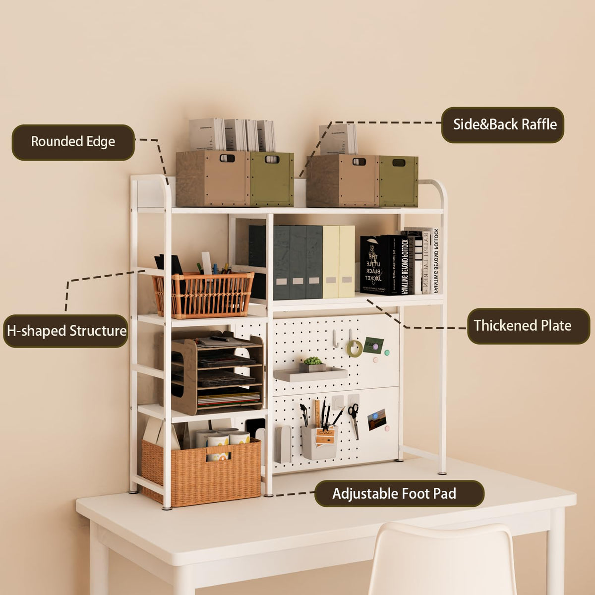 Boltmol 2-Tier Desk Shelf with storage rack,White 110CM, Desktop Organizer With Pegboard, Countertop Storage Bookcase For Home, Office Or Dorm