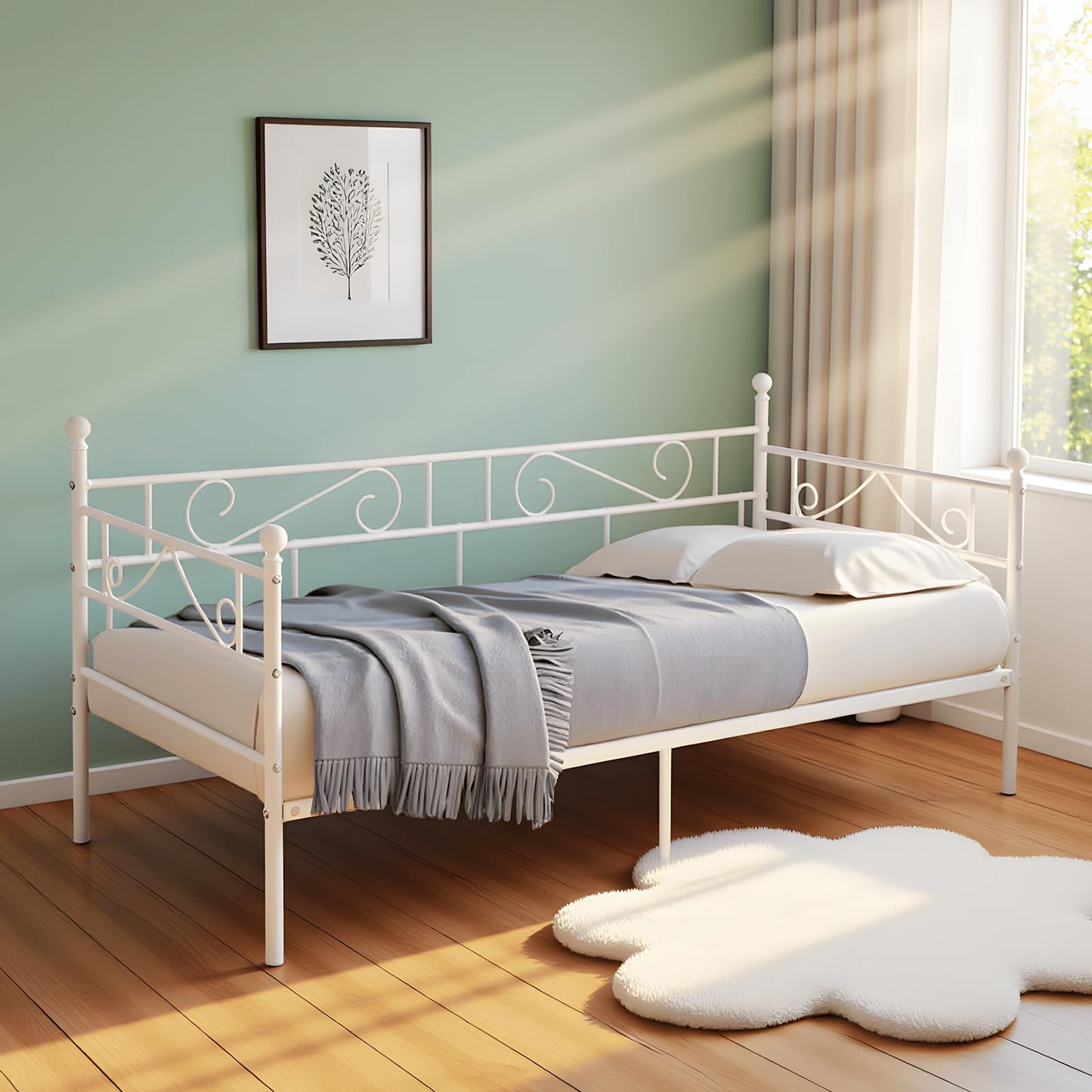 FetiNes Day Bed Frame 90 x 200 cm, Metal, White, Scandinavian Style, Convertible Day Bed with Under-bed Storage
