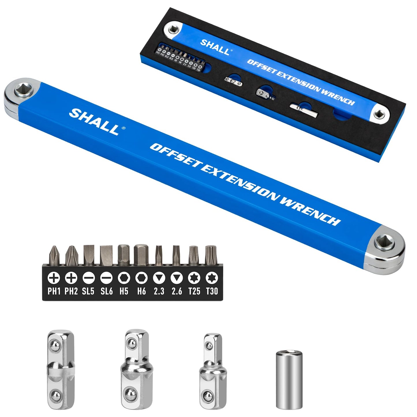 Shall Offset Extension Wrench, 15.4 inch (39 cm), with 1/2 inch, 1/4 inch and 3/8 inch Square Drive adapters and 10 Universal bits