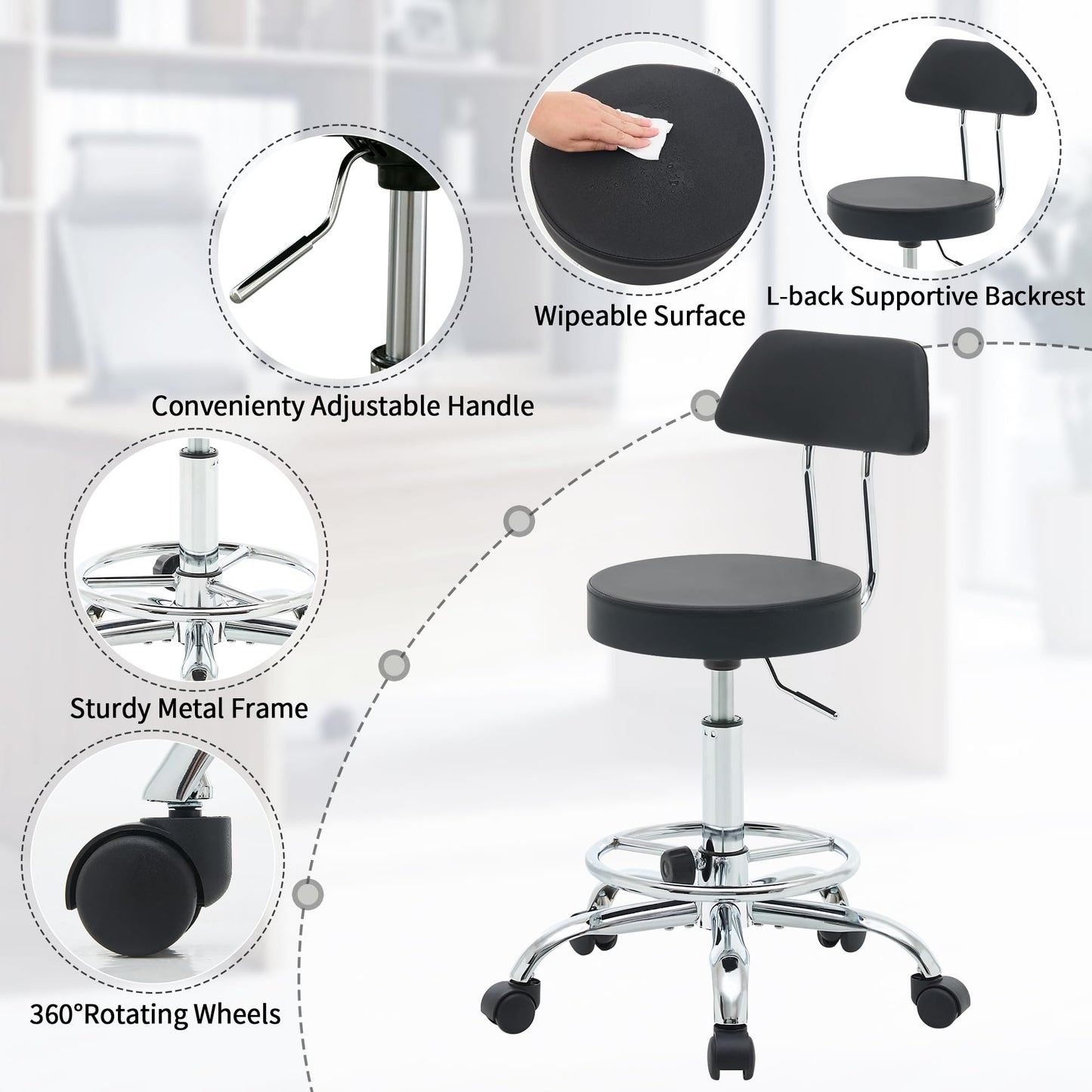 FIRAVOE Adjustable Rolling Office Stool Chair with Backrest and Footrest, Swivel Drafting Chair with Wheels