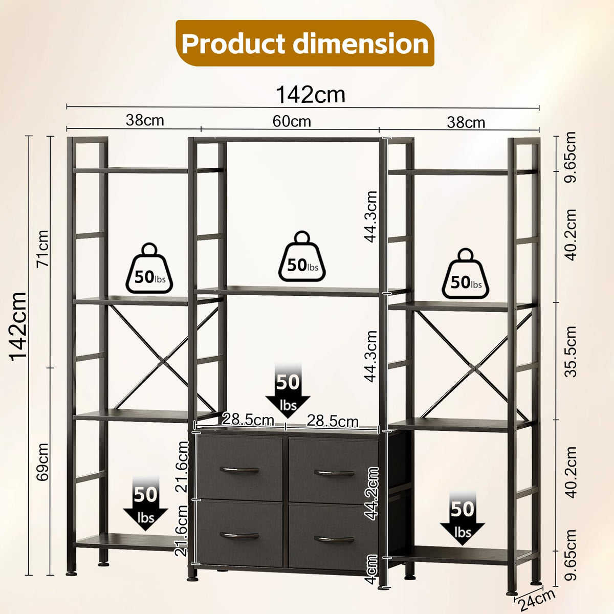VERMESS 142W x142HcmTriple Book Shelf, Triple Bookshelf, 4 Tier Industrial Bookshelf for Home & Office