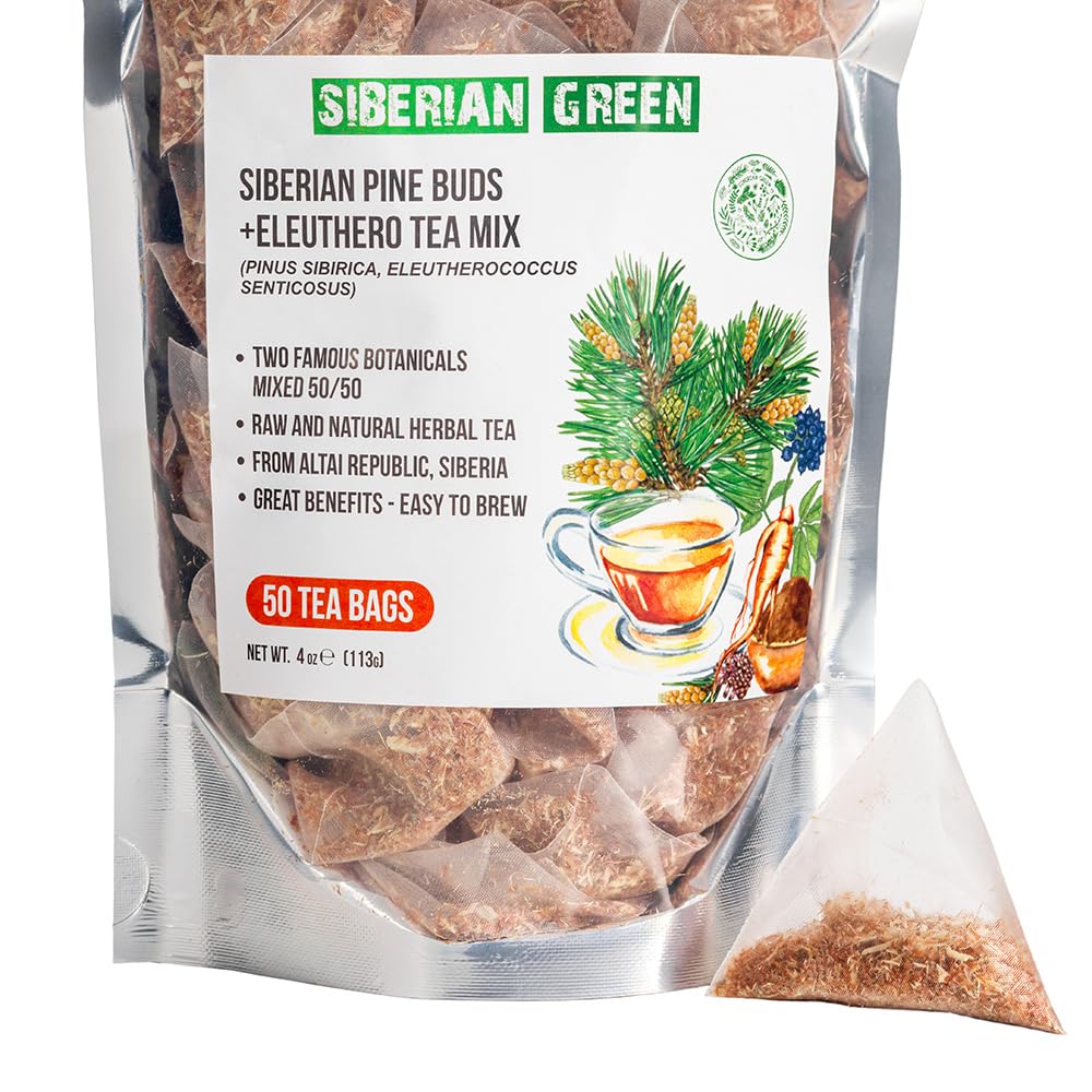 Siberian Green Ginseng Root Tea with Siberian Pine Tree Buds ? 50-Pack Herbal Tea Bags Pure and Natural Botanical Siberian Pine Flavor