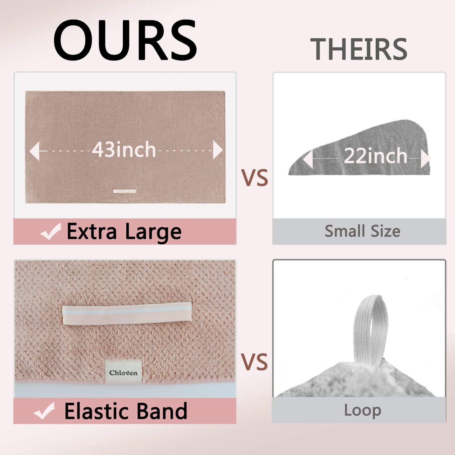 Chloven 2 Pack Extra Large Microfiber Hair Towel Wrap for Women,42 inch X 25 inch Anti Frizz Hair Drying Towel with Elastic Strap,Hair Wrap Towels