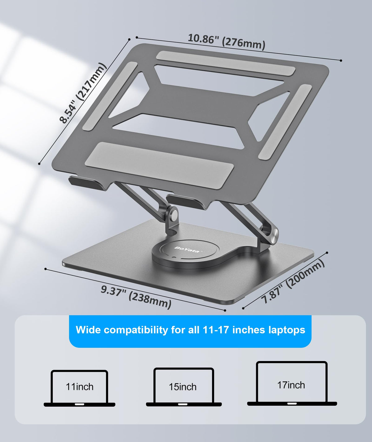 BoYata Laptop Stand for Desk, Adjustable Computer Stand with 360 Rotating Base, Ergonomic Foldable Laptop Riser Holder Compatible with All MacBook