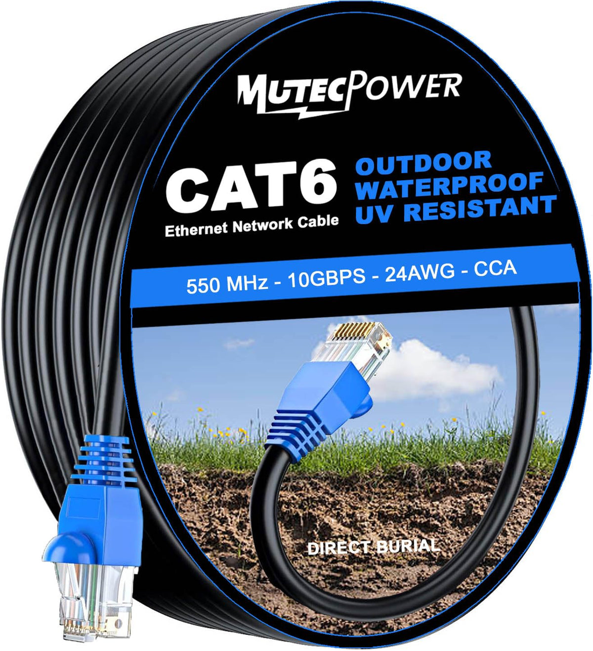 MutecPower 50m CAT6 Outdoor waterproof Direct Burial Ethernet Network Cable - UTP - CCA - 550 Mhz - Black 50 meter