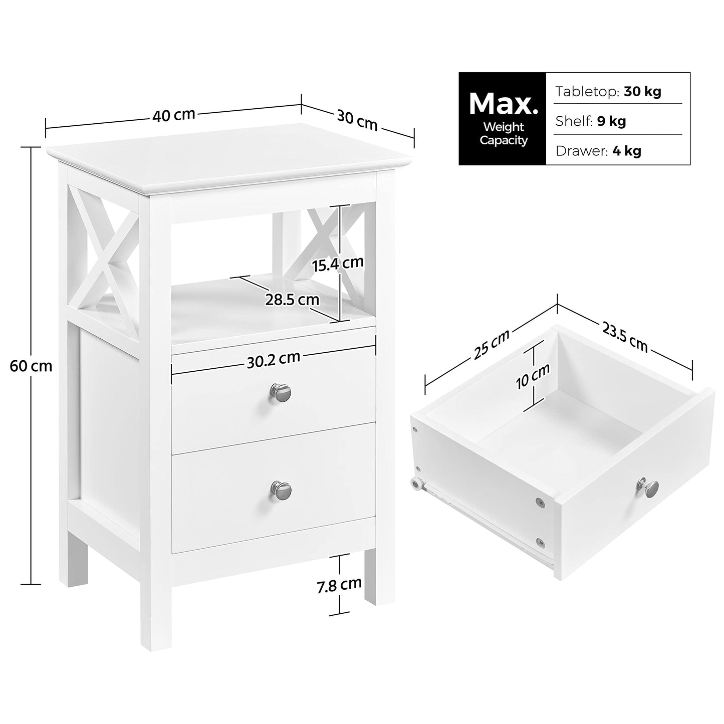 Yaheetech Bedside Table X-Frame with 2 Drawers and Shelf, White
