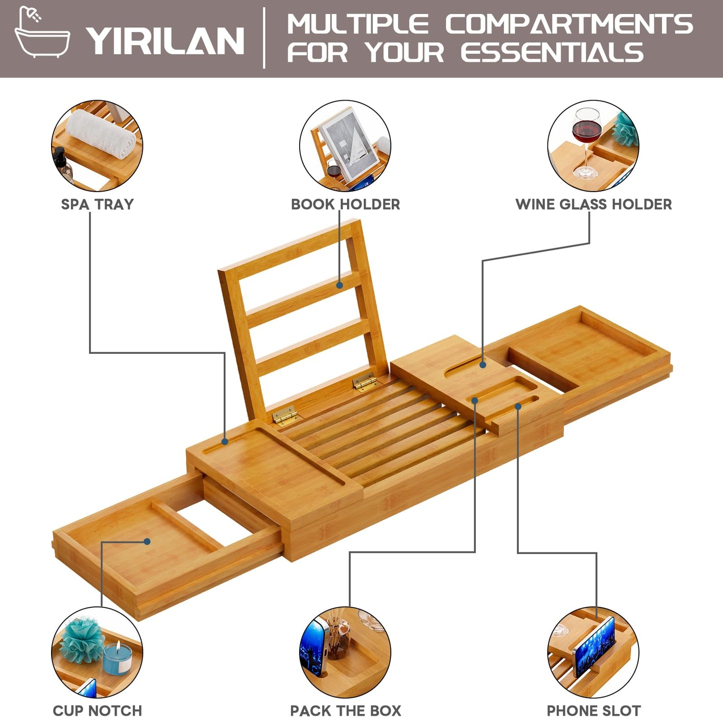 Yirilan Premium Bathtub Tray Caddy, Expandable Bath Tray