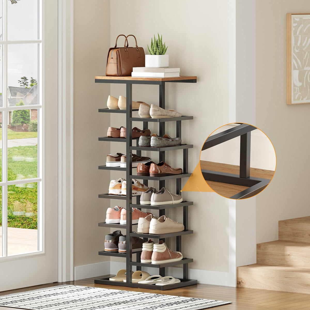 HOOBRO 8-Tier Shoe Rack, Entryway Shoe Organiser, Tall Shoe Storage with Metal Frame, Space-Saving Shoe Stand for Hallway, Bedroom, Living Room