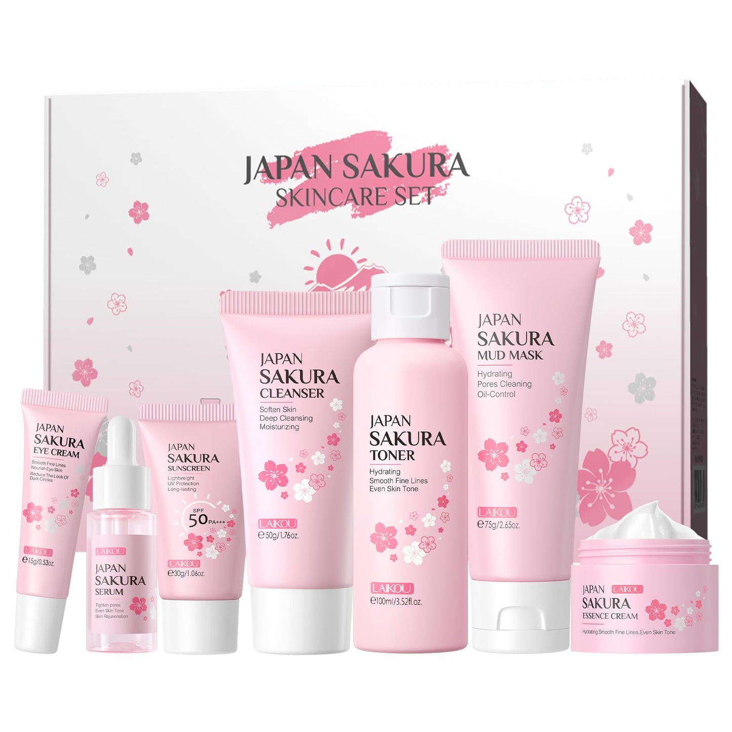 LAIKOU Skincare Set, Sakura Skin Care Sets & Kits - Cleanser, Mud Mask, Toner, Serum, Eye Cream, Face Cream, Sunscreen, Travel Gift Sets for Women