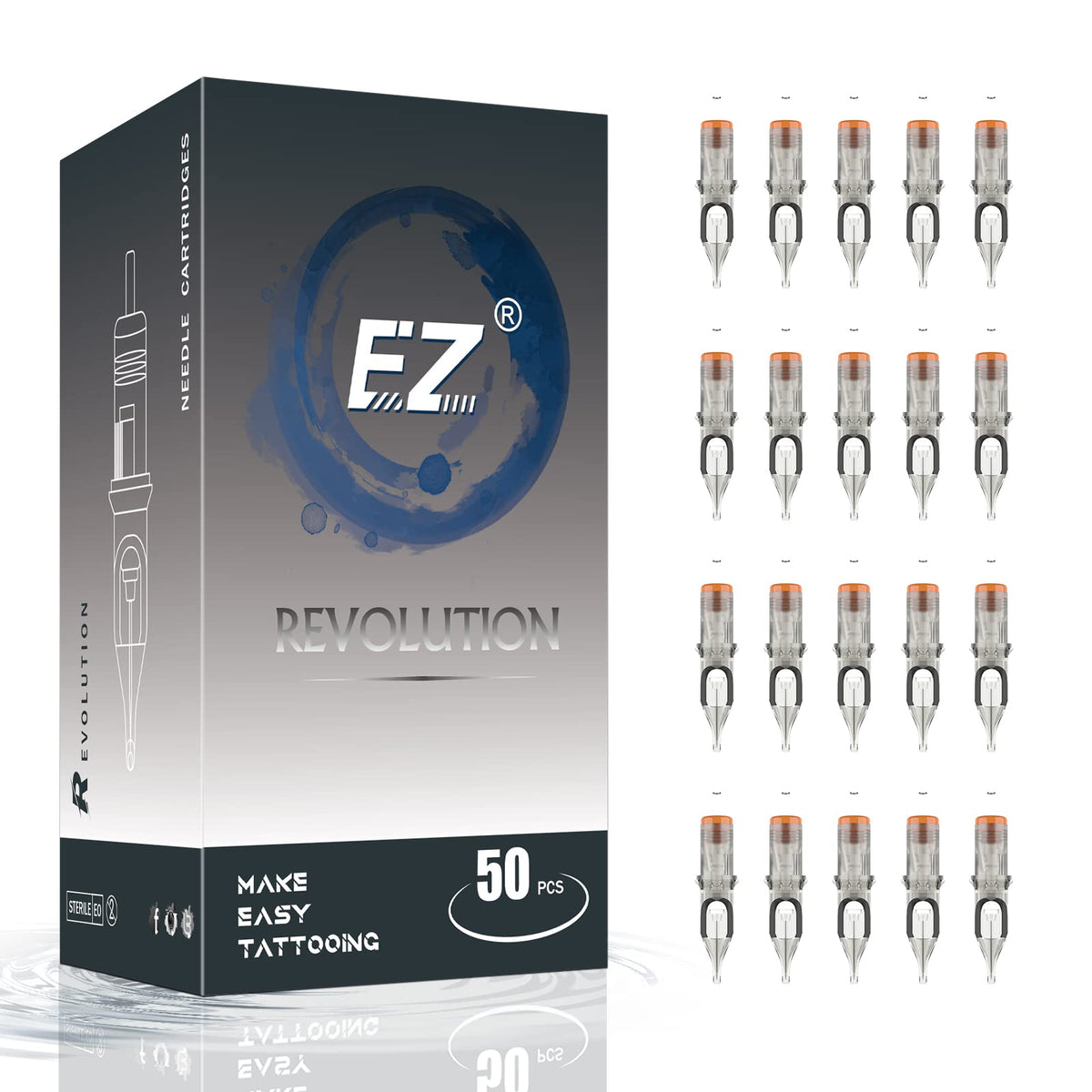 EZ Tattoo Cartridge Needles Assorted - 50Pcs #12 Mixed (3RS 5RS 7RS 9RS 11RS) Standard Round Shader Tattoo Needle Cartridges for Tattooing Rotary