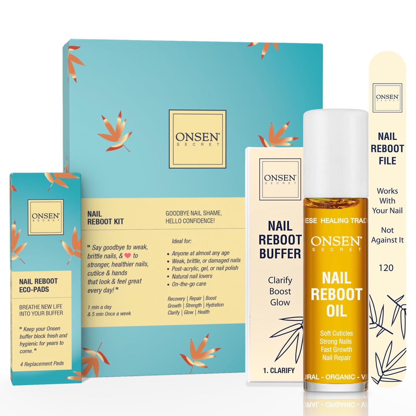 Onsen Secret Japanese Nail Reboot Cuticle Oil Kit | Nail Buffer and Shine Kit w/Professional Nail File, 3-Way Buffer Block & Free Replacement Pads |