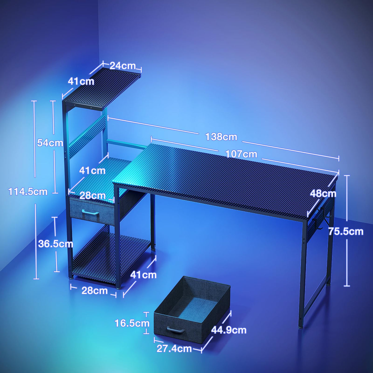 Coleshome 138×48 cm Gaming Desk with LED Lights, Carbon Fiber Black