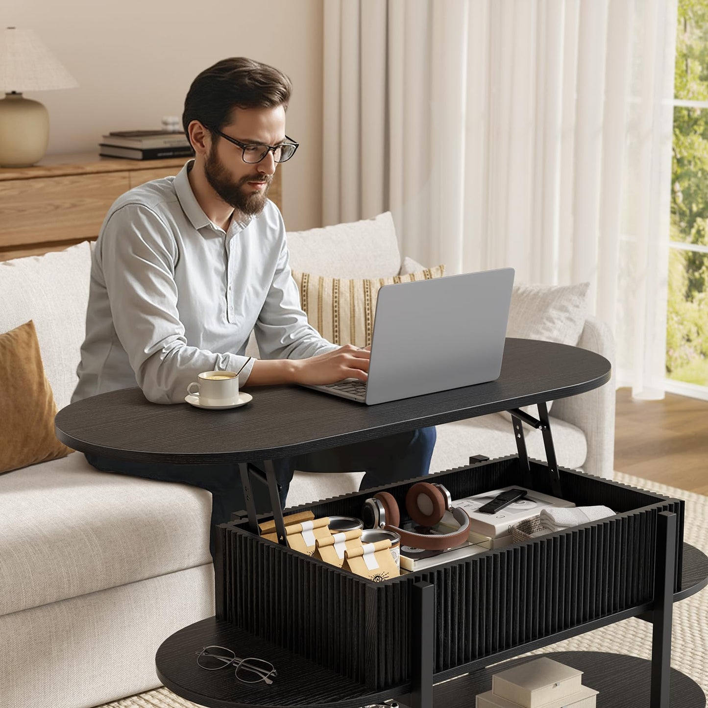 Mossora 106cm Oval Fluted Lift Top Coffee Table with Hidden Storage, Black