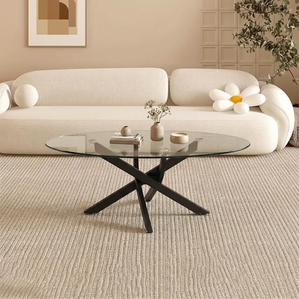 NIERN Glass Coffee Table Oval with Black Metal Legs, 100cm Glass Top, Modern Contemporary Design (Black)
