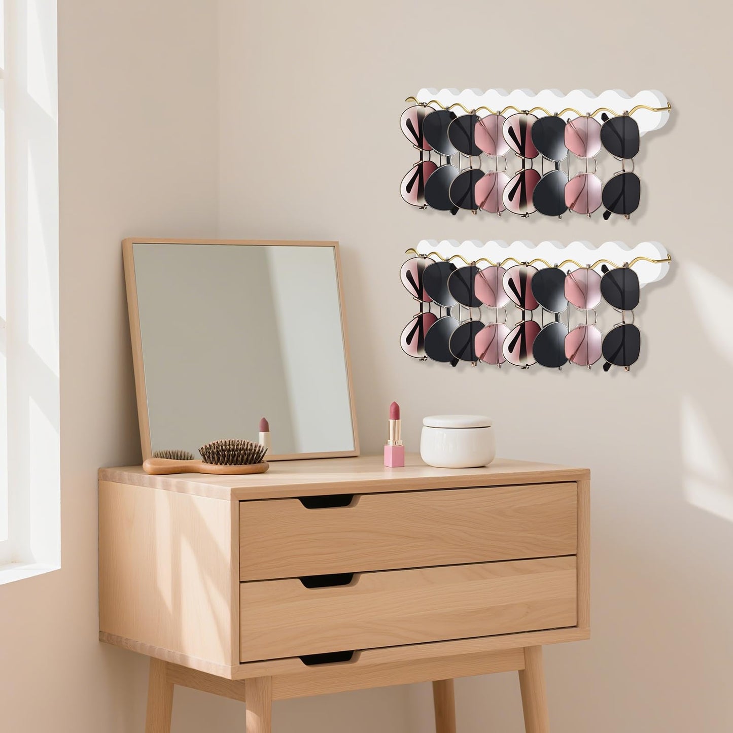 Lampaggio 2 Pack Sunglass Organizer Wall Mount, Wooden Eyeglasses Holder Rack with 16 Slots