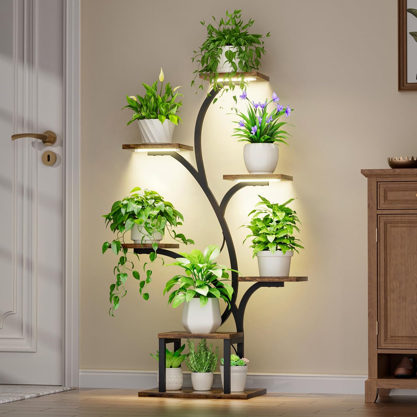 BACEKOLL Plant Stand With Grow Lights, 7 Tiered Indoor Plant Shelf, 49" Corner Plant Stands, Metal Flower Display Shelves, Tree-Shaped Plant Rack for