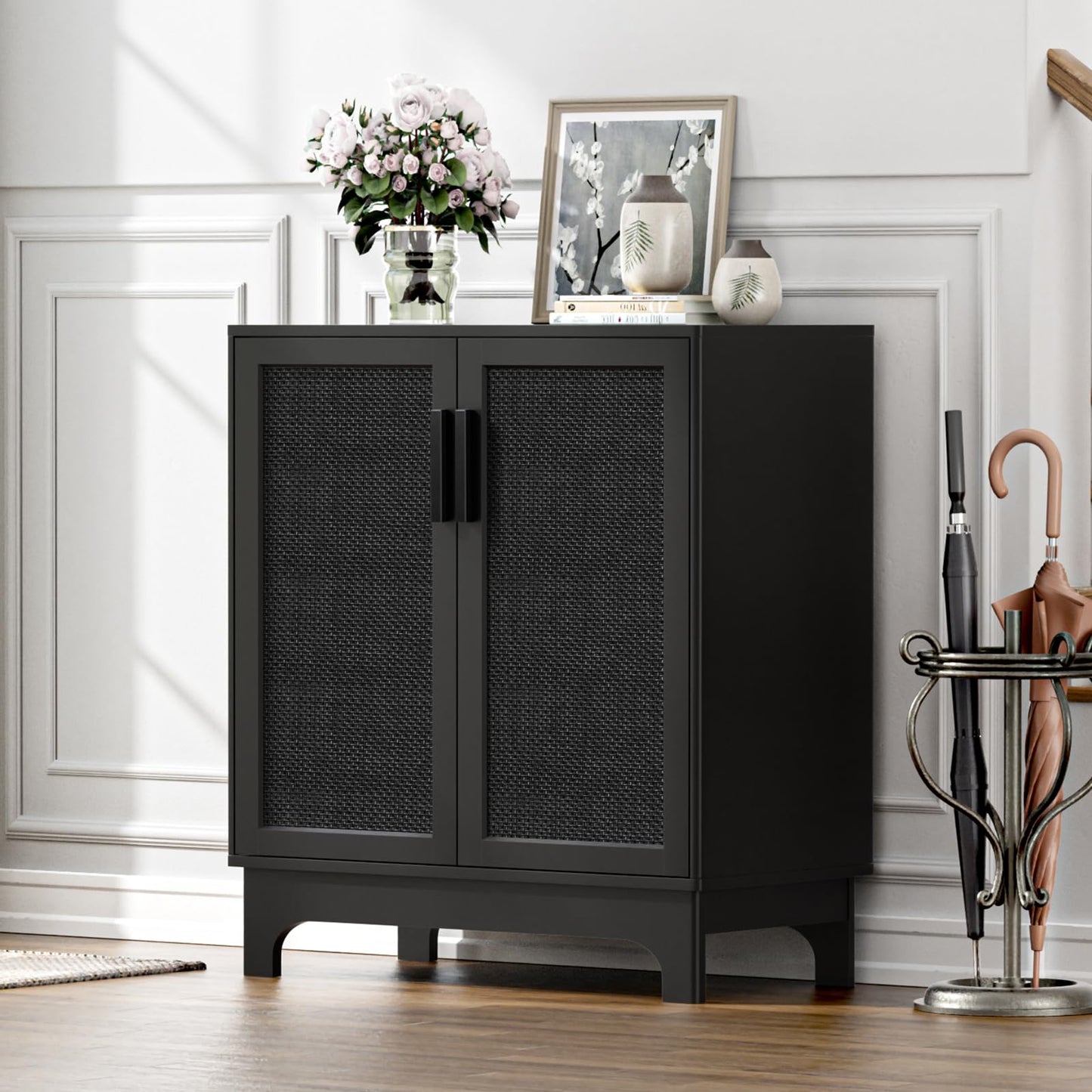 Yvsevnr Black Sideboard for Living Room Rattan Buffet Storage Cabinets with Adjustable Shelves, Magnetic Closure, Accent Cabinet Cupboard for Kitchen