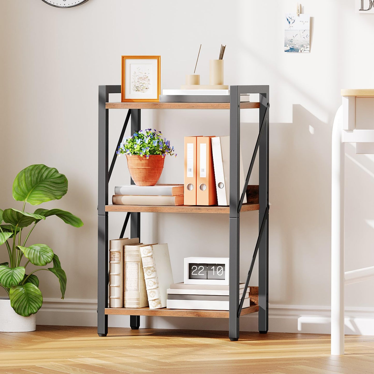 HOOBRO 3-Tier Bookshelf, Industrial Corner Bookcase, Display Rack, Metal Frame, for Living Room, Bedroom, Office, Kitchen, Entryway