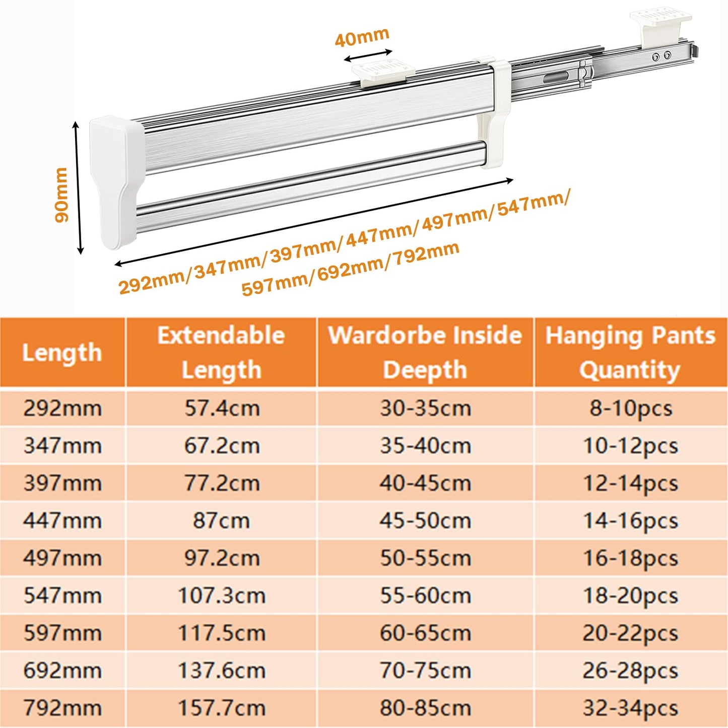 MAFAGE Pull Out Clothes Rail, Adjustable Wardrobe Rail Hanger Rack 397mm