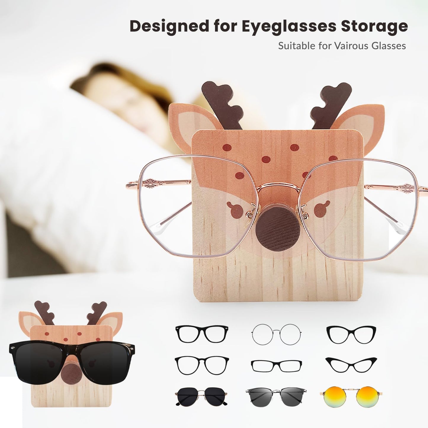 Daily Treasures Deer Wooden Eyeglass Holder Stand,Cute Animal Glasses Holder with Stationery Storage Case,Handmade Wood Eyeglass Rack,Strudy