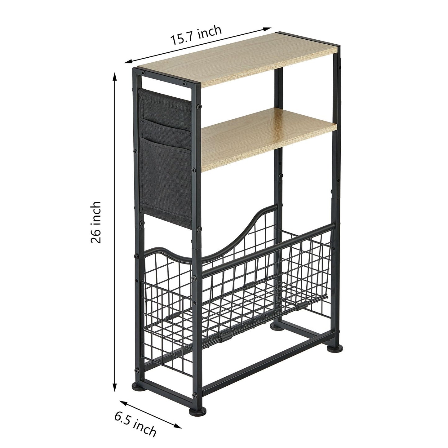 ZEXVIDA Narrow Side Table, 3-Tier Slim End Table with Magazine Holder and Fabric Storage