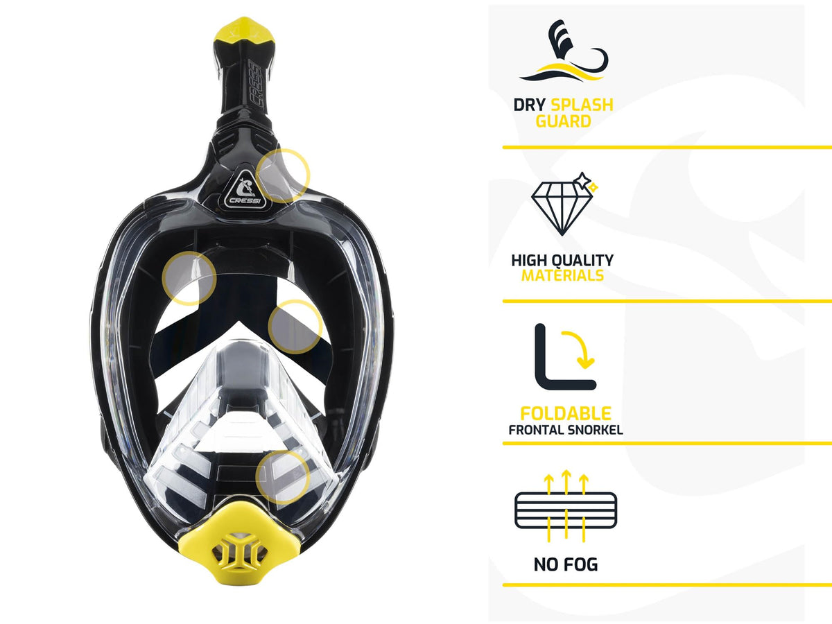 CRESSI Bali Full Face Mask Black/Grey S/M - Unisex Integral Snorkel Mask, Anti Fog Clear Lens, 100% Silicone, Dry Snorkel with Float Valve, Action Cam