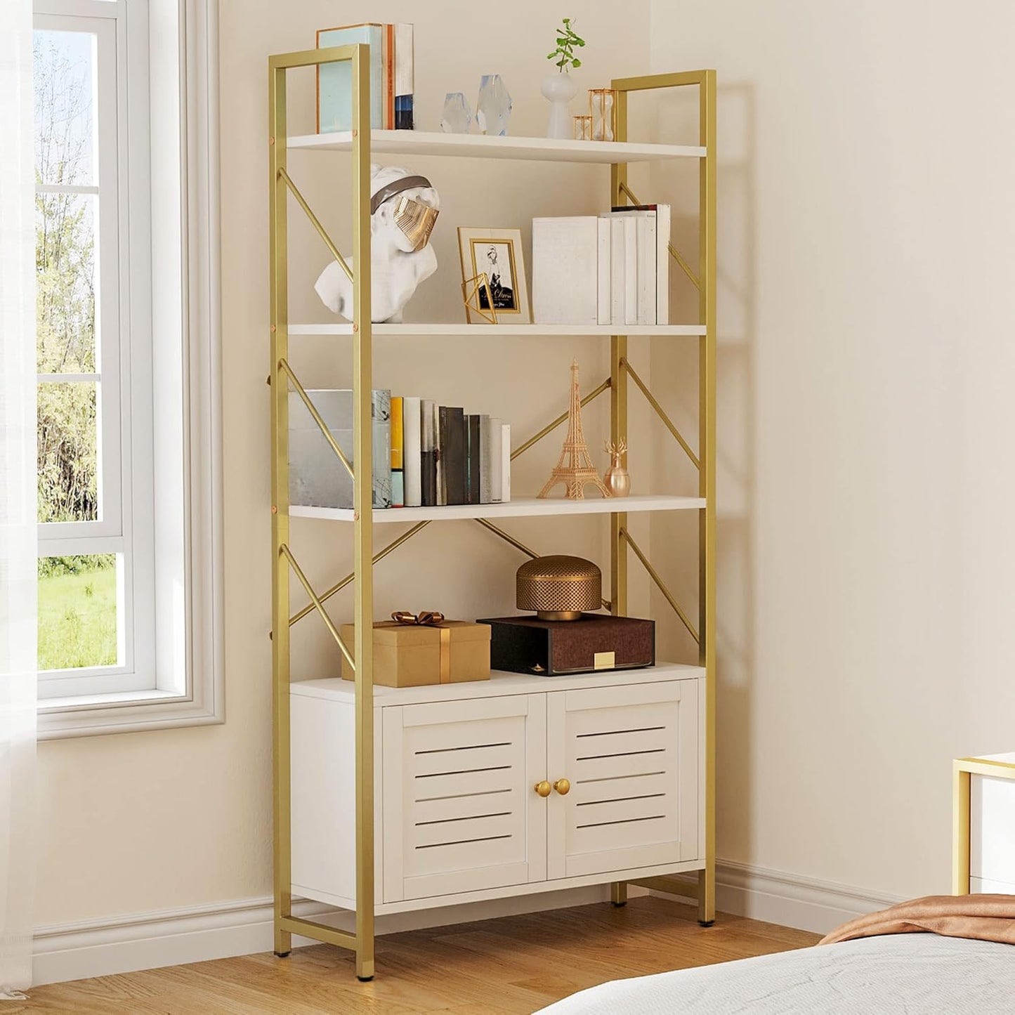 YITAHOME Bookcase with Storage Cabinet, Standing 5 Tiers Book Shelf Display Rack with Doors for Bedroom Living Room Office,White&Gold
