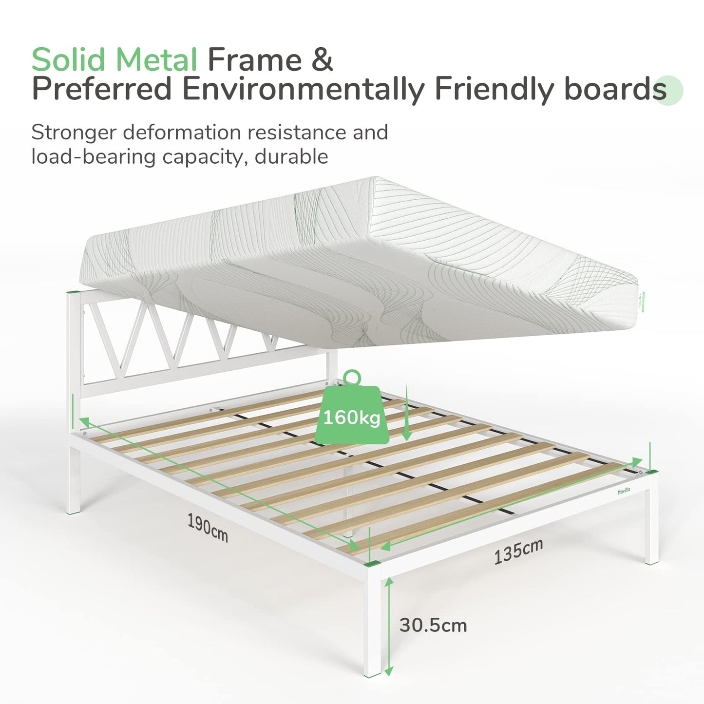 Novilla 30.5cm Metal Double Bed Frame, 4FT Platform Bed Frame with Headboard, Engineered Wood Slat Support, Solid Support Leg, Underbed Storage Space