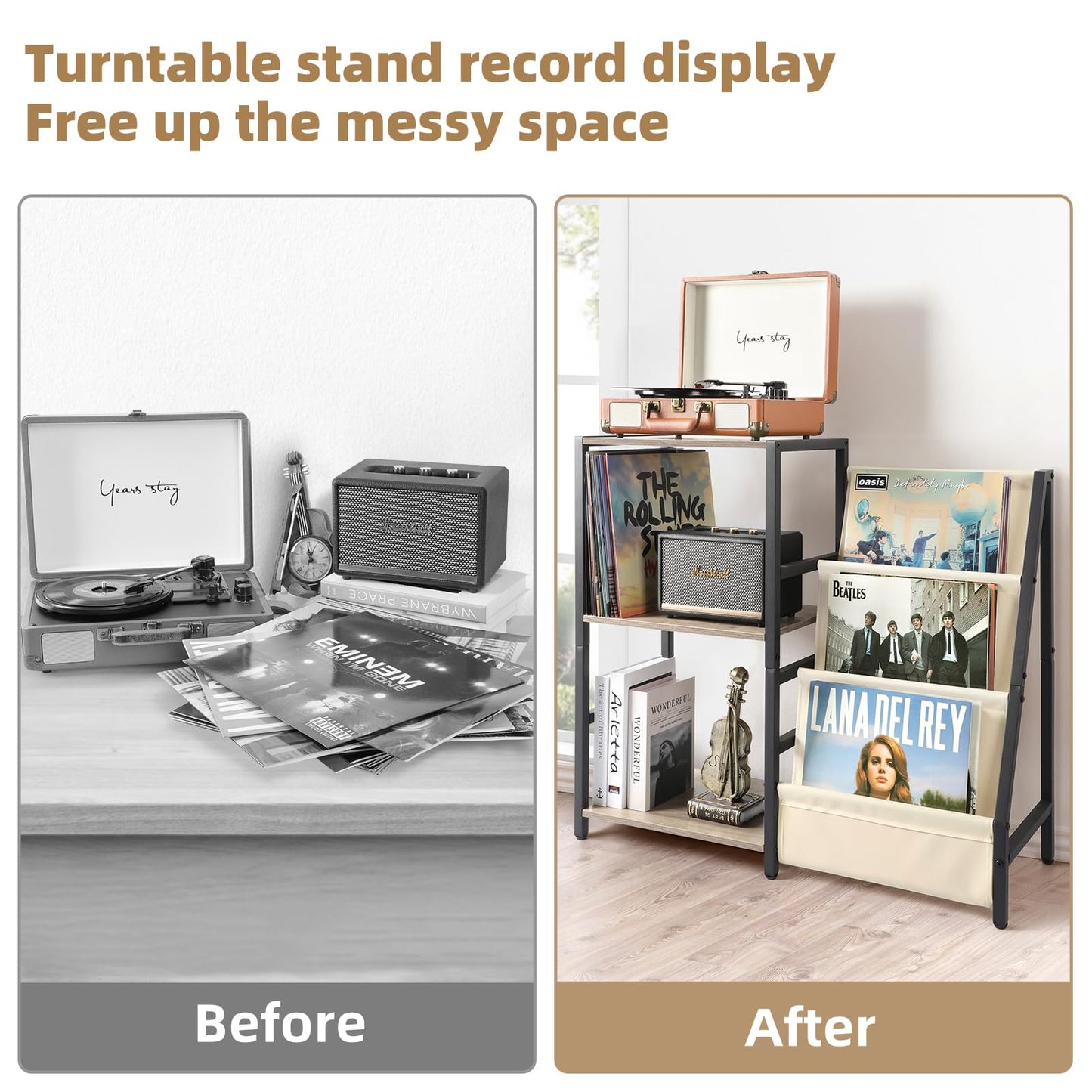 Bikoney Record Player Stand, End Table with 3-Tier Vinyl Record Storage, Record Player Table Up to 200 Albums, Turntable Stand for Vinyl Records,