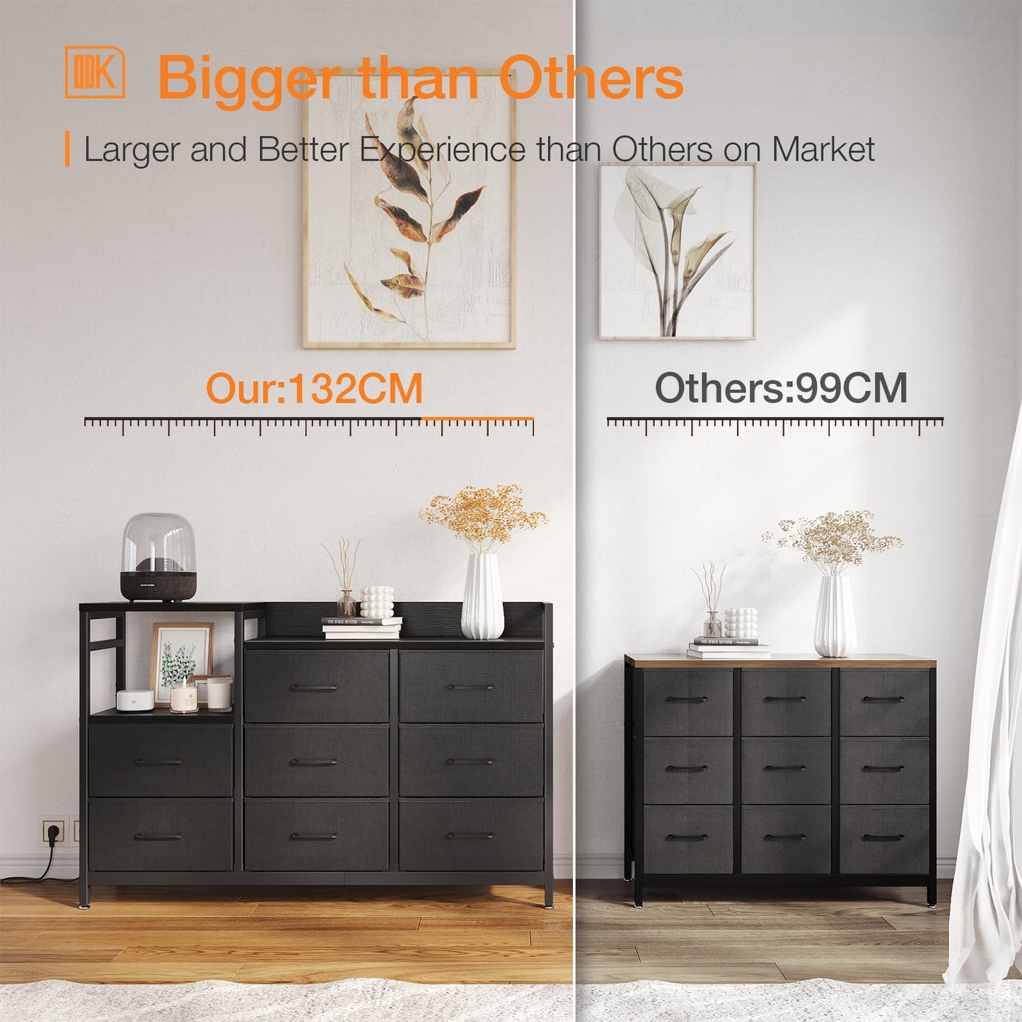 ODK Black Chest of Drawers Bedroom, Contains 2 USB & 2 AC Ports Sockets, 8 Fabric Drawers Multi-functional Drawers Suitable for Bedrooms,Living Rooms,