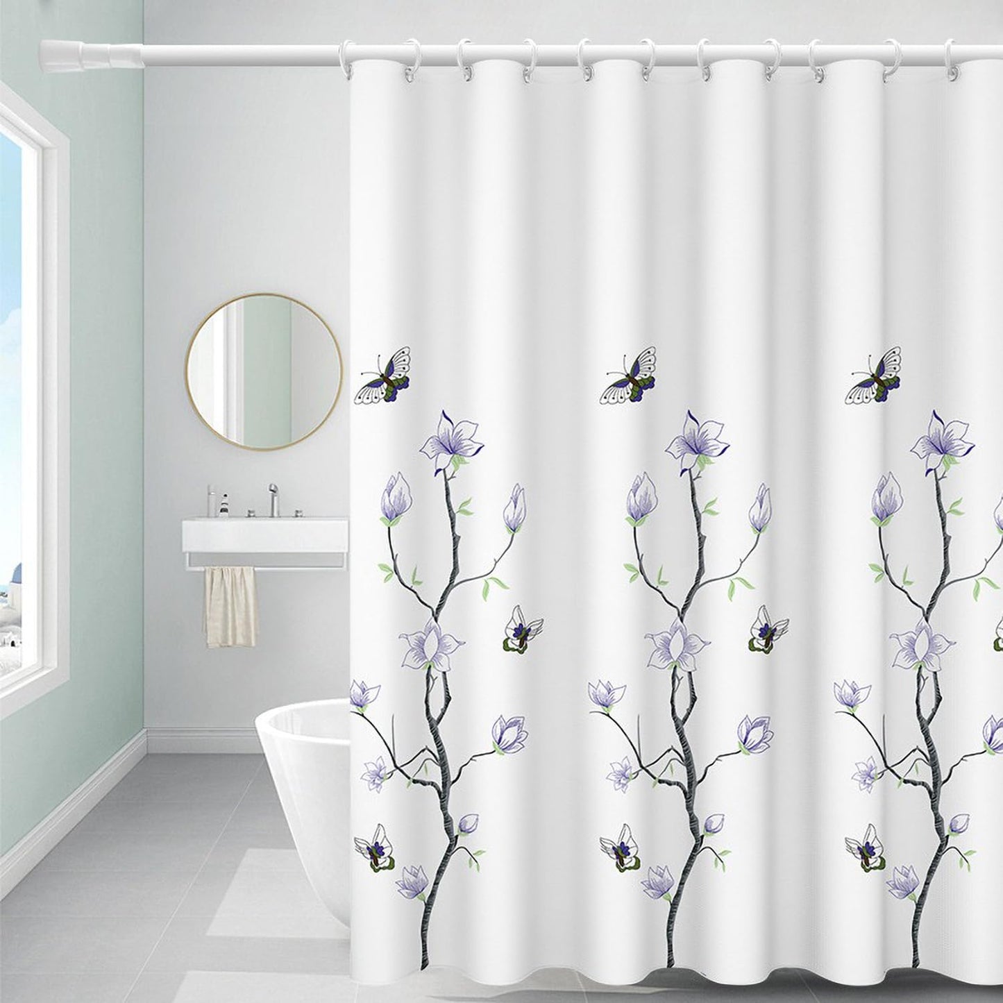 FSZhenZuan Shower Curtain 180 x 180 cm Drop Water Repellent Anti Mould Wet Room Shower Curtain with Hooks Washable Polyester Fabric Flowers Butterfly