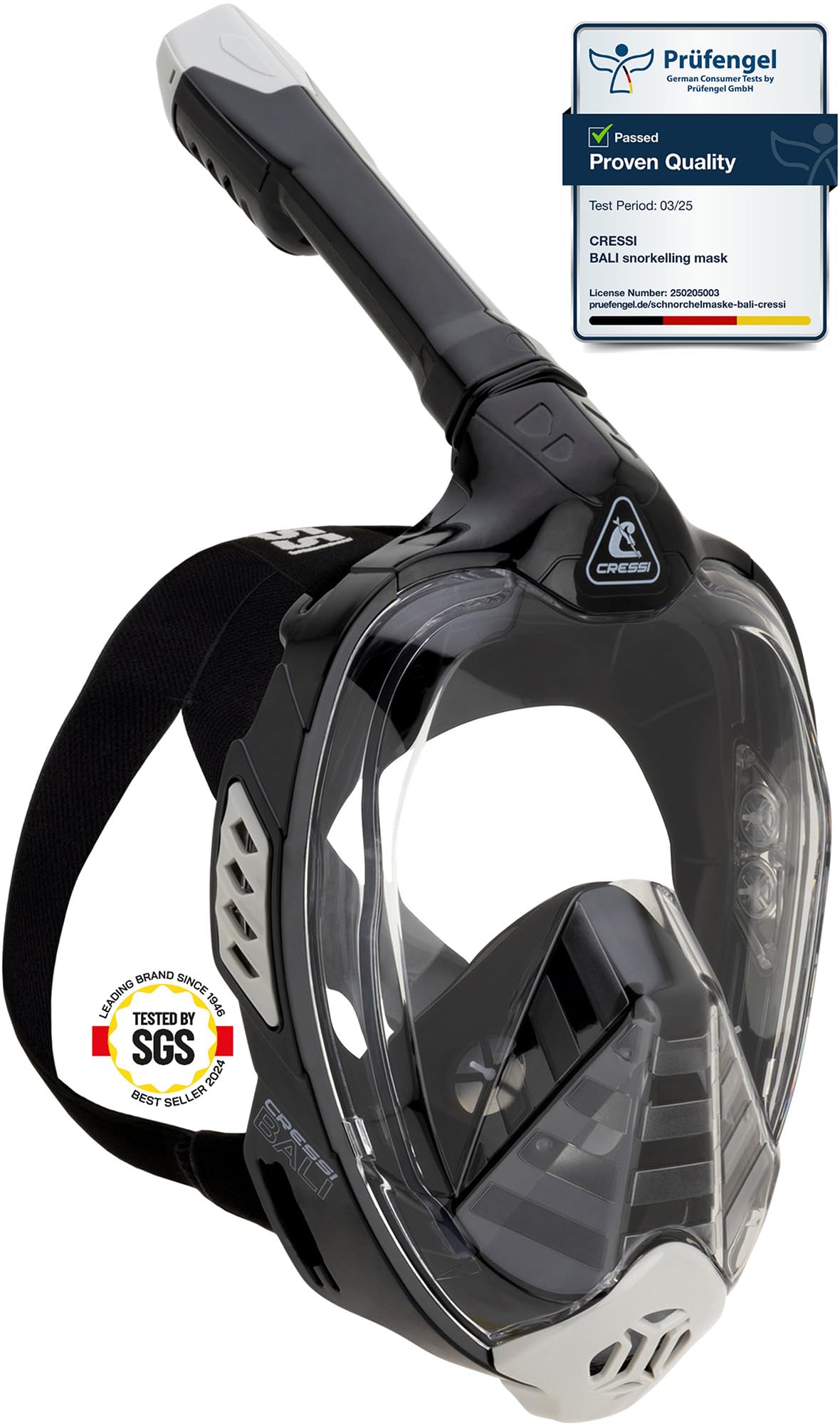 CRESSI Bali Full Face Mask Black/Grey L/XL - Unisex Integral Snorkel Mask, Anti Fog Clear Lens, 100% Silicone, Dry Snorkel with Float Valve, Action