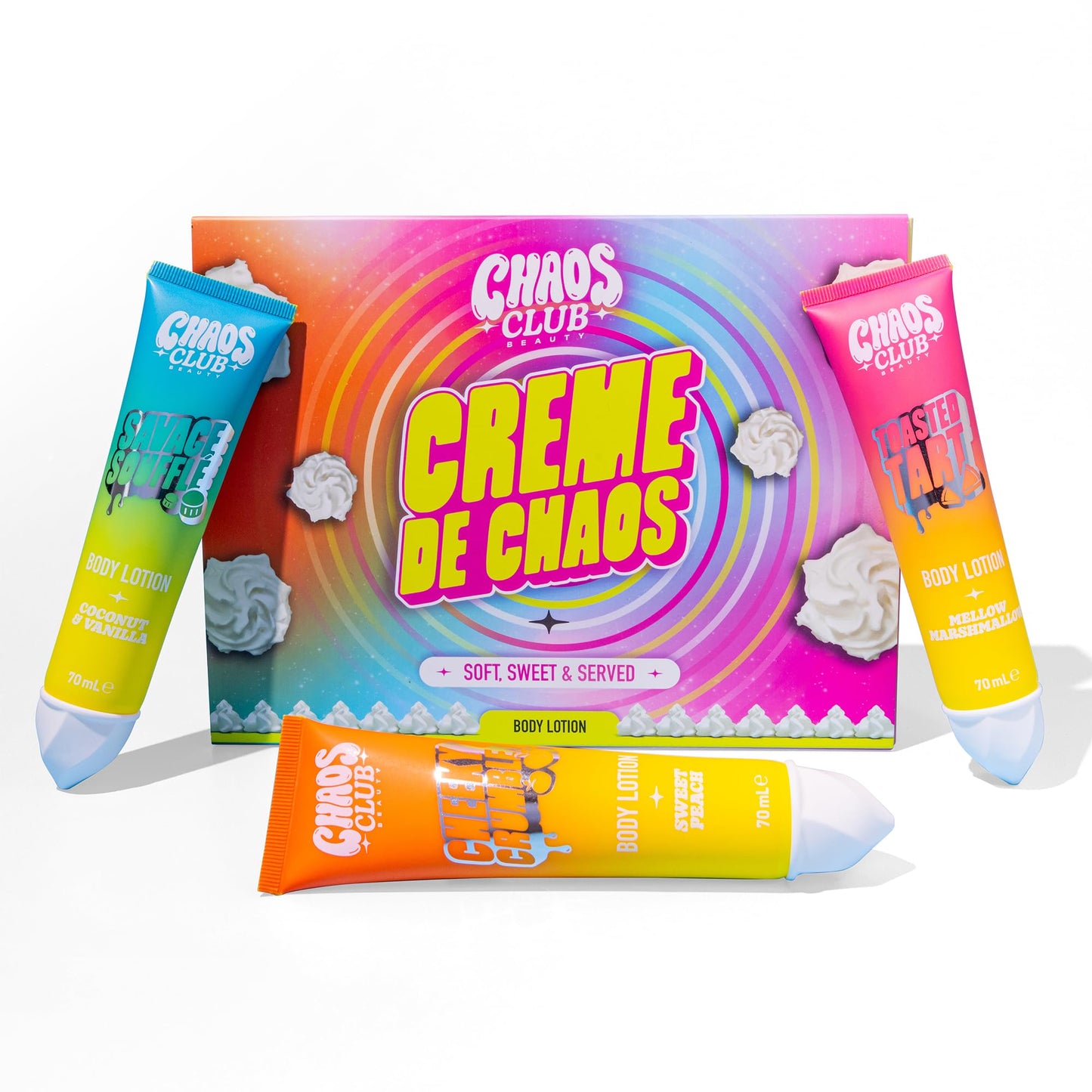 CHAOS CLUB BEAUTY Cr?me de Chaos Body Lotion Gift Set ? Hydrating Body Moisturiser Trio in Peach, Coconut & Vanilla, Marshmallow Scents ? Vegan &